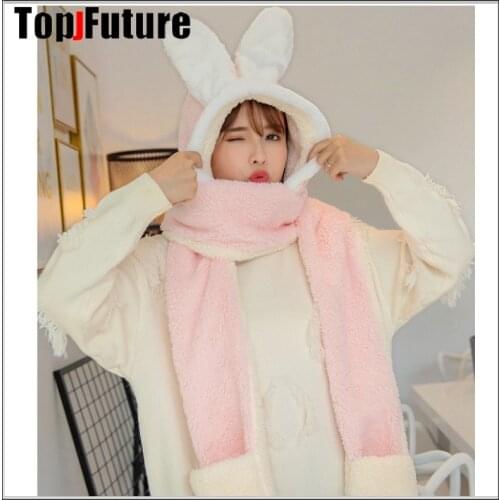 Winter cute girl women BUNNY rabbit ears warm hat scarf wind proof neck scarf cap student birthday funny GIFT