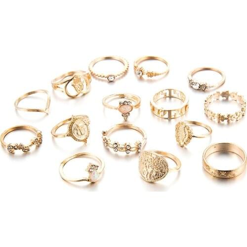 Creative Vintage Ring Set Beauty Head Gold Coin Cross Pattern Diamond Love Ring 15Pcs Vintage Ring Set