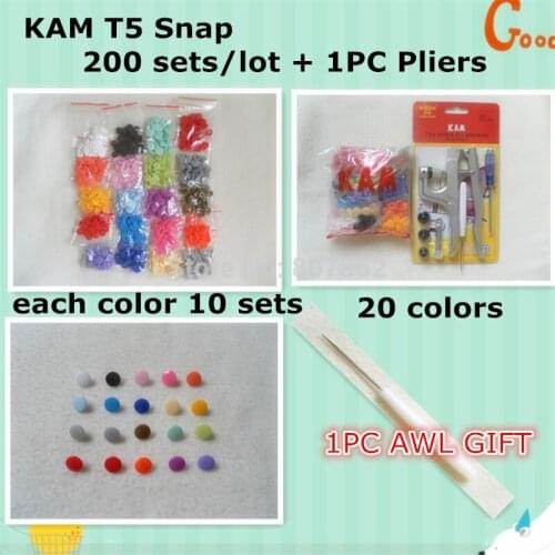 200sets Kam T5 Size 20 Plastic Snaps Buttons fastener + 1pc Pliers DK001 Tool Kits + free awl