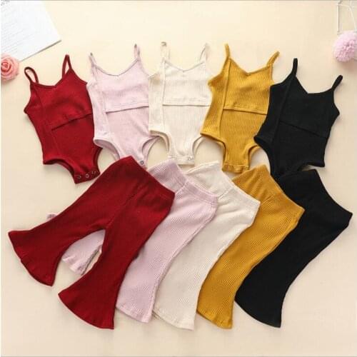 2021 Baby Clothes Newborn Baby Girl Solid Color Sleeveless Jumpsuit Top + long Flared Pants Bottom Set Ribbed Clothes Set 0-3Y 2