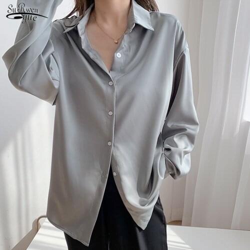 2021 Spring Autumn Satin Silk Blouse Women Plus Size Casual Solid Long Sleeve Women Shirts White Tops Lady Cardigan Chic 12573