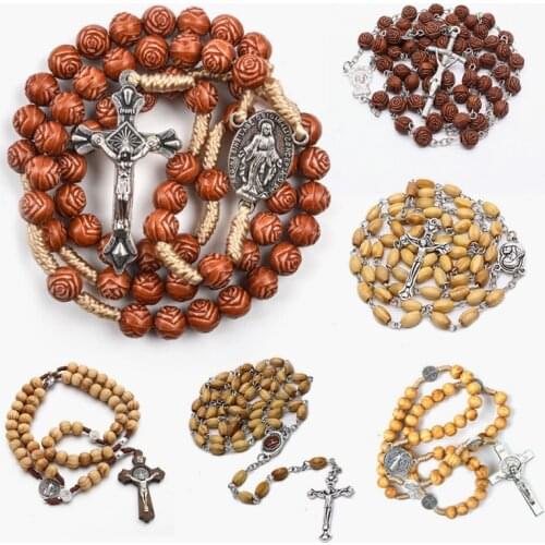 9 Styles Christ Jesus Wooden Beads Cross Pendant Rosary Necklace Woven Rope Chain Religious Praying Jewelry Accessories
