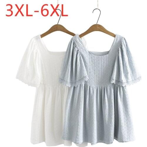 New 2021 Ladies Summer Plus Size Tops For Women Large Blouse Short Sleeve Cotton Lace Fold Blue Hollow Out Shirt 3XL 4XL 5XL 6XL