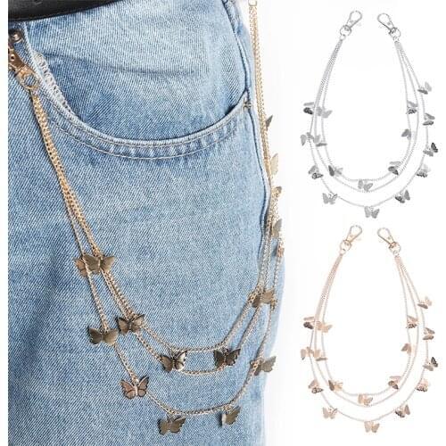 Gold Color Women Men Pants Chain Punk Butterfly Belt Waist Chain Multi Layer Hook Trousers Keychain Jeans Chain HipHop Jewelry