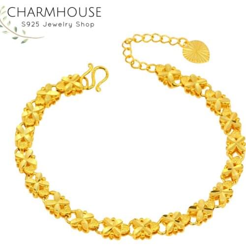 Pure Yellow Gold Color Bracelets for Women 5mm Flower Chain Bracelet & Bangles Wristband Pulseira Femme Wedding Bridal Jewelry