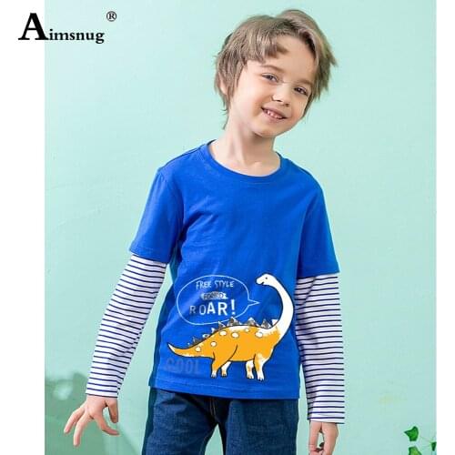Children Fashion Dinosaur Print T-shirt Long Sleeve Tees Unisex Boys Girls Casual Shirt 2021 Autumn Kids Patchwork Stripes Top
