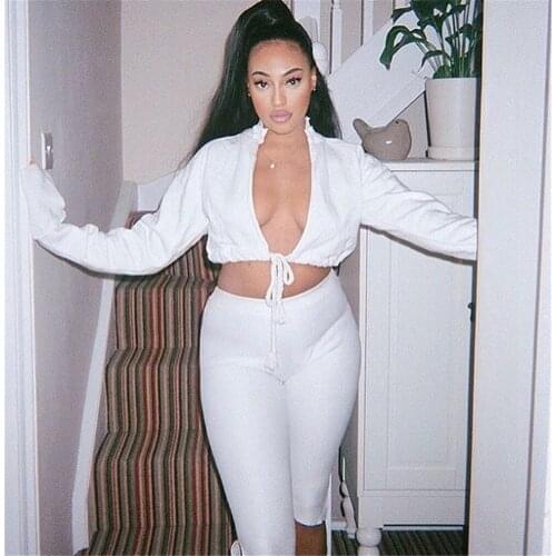 XLLAIS Cotton Knitting White Sweatshirts Two Piece Sets Women Sexy Long Sleeve Lace Up Crop Tops and Tight Shorts Tracksuits