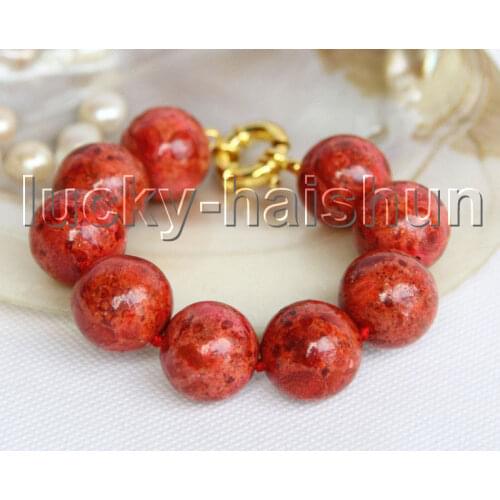 JQHS AAA 8" 19mm natural round red sponge coral Beaded Strand knotted bracelet j11303