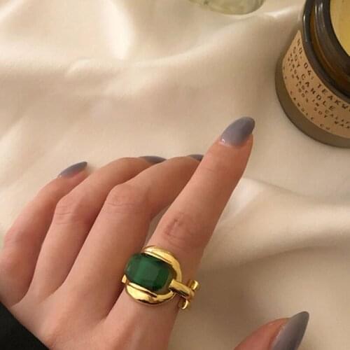 Luxury Adjustable Party Rings Accessories France Gold Plated Vintage Green Stone Aesthetic Bride Jewelry Gift for Women Couples