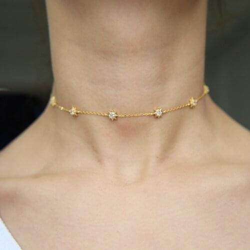 100% 925 Sterling silver Gold filled sunburst tiny cute sun charm AAA cz 33+7cm choker chocker silver delicate chain necklace