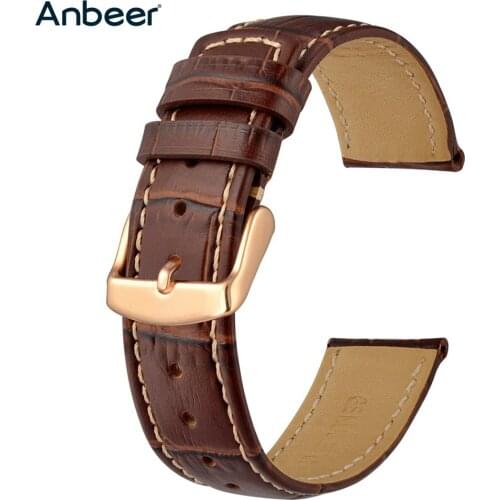 Anbeer Leather Watch Band Crocodile Grain Replacement Strap for Men Women,18mm 20mm 22mm Calfskin Bracelet Black Brown