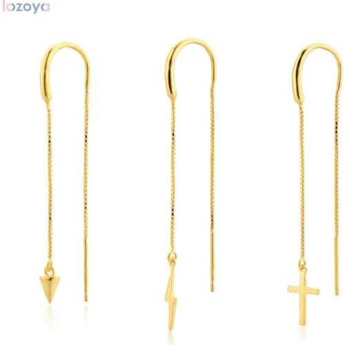 LOZOYA 925 Sterling Silver Gold Single Chain Earring Pendiente Largo Rayo Pincho Cruz Clips 1pcs Long Piercing Clips Jewelry