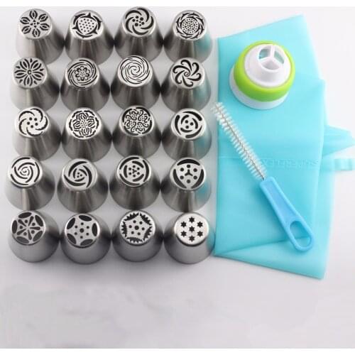 Mujiang 20Pcs Russian Tulip Nozzle Bakeware Icing Piping Tips Baking Pastry Cake Decorating Tools 1 Pcs Silicone Bag 2 Coupler
