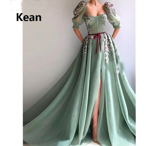 Mint Green Muslim Evening Dress Half Sleeve Split Lace Flower Illusion Islamic Dubai Kaftan Saudi Arabic Prom Dress New Arrival