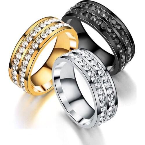 Wholesale Jewelry -- Titanium steel Double Row Crystal Rings 18 k / Black / White for Men No Change Color
