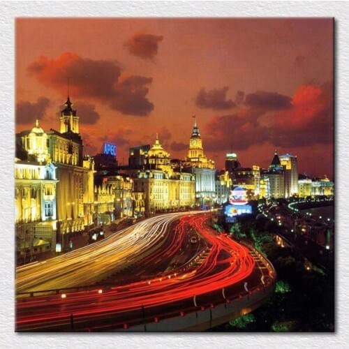 Canvas print Romantic night photo painting of Shanghai Bunds Beautiful night view as a Festival gift for friends free shipping