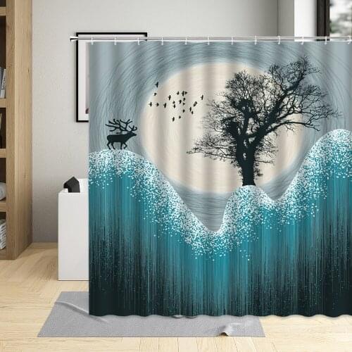 Simple Modern Black Tree Shower Curtain Elk Moon Night Bird Mountain Scenery Decora Wall Cloth Bathroom Bathtub Curtains Sets