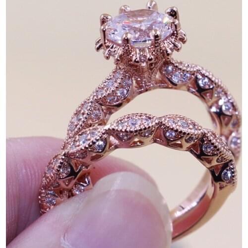 Retro Style Fashion jewelry 925 Sterling Silver Filled Rose Gold Round Cut 5A White Clear CZ Zirconia Wedding Women Couple Ring