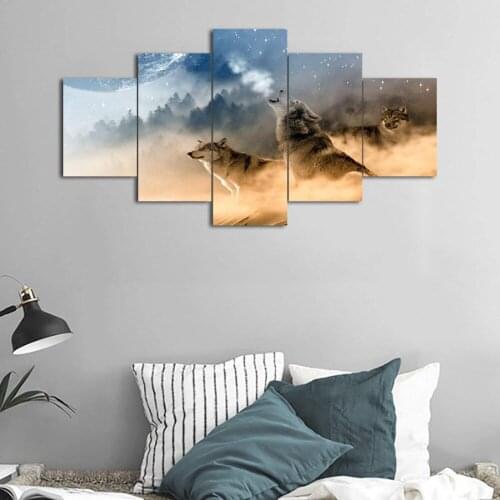 Modern Canvas Pictures HD Printed Wall Art Frame 5 Pieces Forest Animal Wolves Howling Mountain Landscape Living Room Home Decor