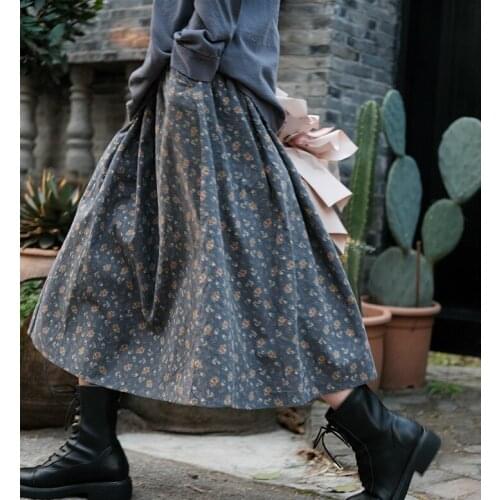 Spring Skirts Women Mori Girl Style Print Loose High Waist Vintage Female Fashion Cotton Ankle-Length Skirt