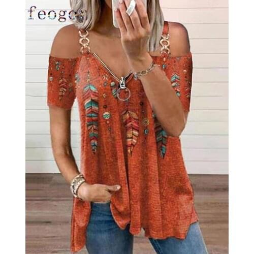 FEOGOR Summer casual womens clothing 2021 summer new casual womens printed short-sleeved zipper suspender T-shirt top