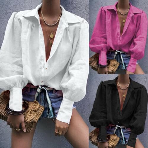 Puff Sleeve Women Solid Color Shirts Chiffon Long Sleeve Loose Shirt Ladies Summer Casual Buttons Blouse Tops
