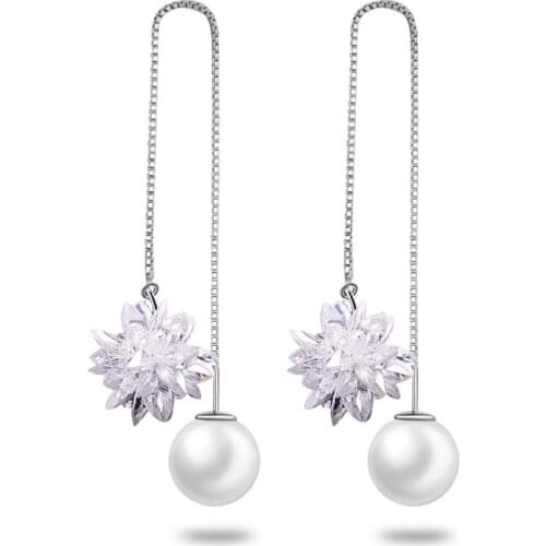 100% 925 sterling silver flower crystal pearl ladies`long drop earrings jewelry wholesale birthday gift drop shipping