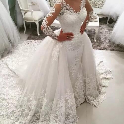2020 New 2 in Arabic Amazing Detachable Train Mermaid Dress Long Sleeve Lace Bridal Wedding Gowns