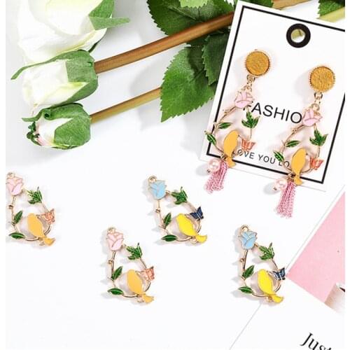 10pcs/pack Flower Bird 24*39mm Enamel Charms Alloy Floating Pendant fit Bracelet Necklace Jewelry Accessories