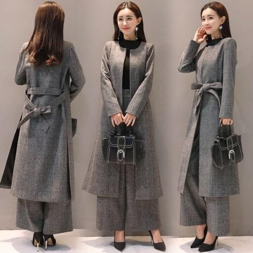 2020 New British Retro Plaid Office Ladies Woolen Blends Outfits Belted Long Outwear Coat Wide Leg Pants Elegant Women Set Suits