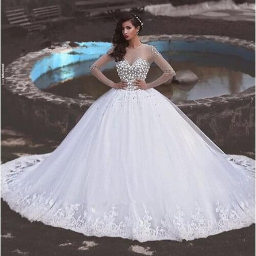 Ball Gowns Luxury 2018 Rhinestones Long Sleeve bridal Gown Lace Vestido de Noiva robe de mariee mother of the bride dresses