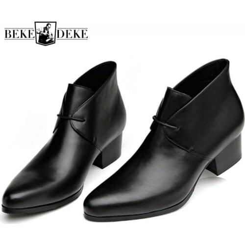 Korean Fashion Black Genuine Leather Chelsea Boot 2020 Mens Ankle Boots Pointed Toe Cowboy Man Shoes Winter Erkek Bot