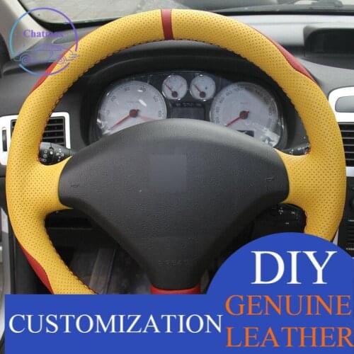 For Peugeot 307 Red Yellow Leather Hand-stitched Car Steering Wheel Cover Anti-slip fit all season comfort touch sense design