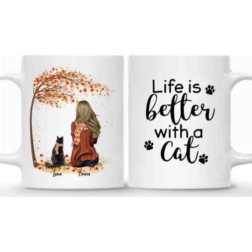 Personalized Mug Girl and Cats Autumn Life Is Better with A Cat Coffee Cups Gift for Family DIY 11/15 Oz RR2014