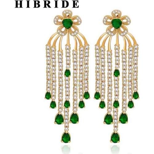 HIBRIDE Beautiful Water Drop Green Cubic Zircon Pendant Earring Brazil Trendy Women Long Tassel Earring Brincos E-505