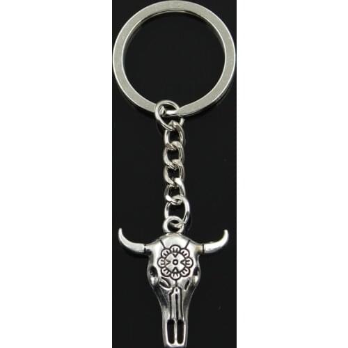 Fashion 30mm Key Ring Metal Key Chain Keychain Jewelry Antique Bronze Silver Color Skull Bull Ox Star Head 32x26mm Pendant