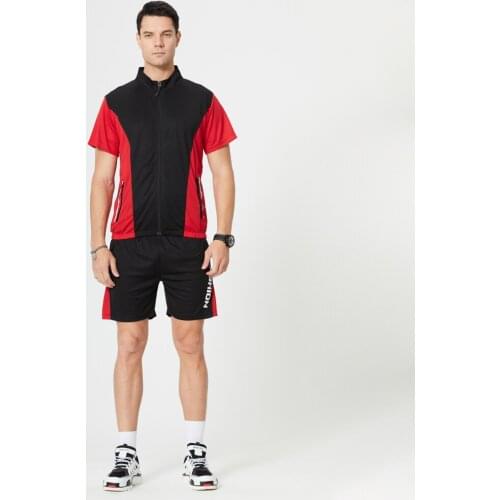 Mens Sportswear Suit Short Sleeved Stand Collar Patchwork Cardigan Zipper T-Shirt with Drawstring Short Pants Casual Sport Suit