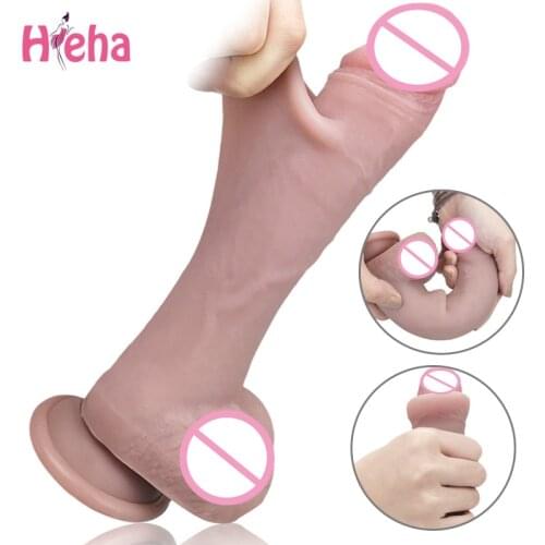Moving Foreskin Realistic Dildo with Suction Cup Penis Flexible Cock Harness Compatible Sex Toys for Women Vaginal G-spot Anal