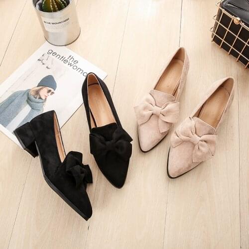 For bow-knot Women Pumps Slip on Mules Low Heel Casual Shoes British Block Heels Summer Pumps Footwear Pointed Autumn winter