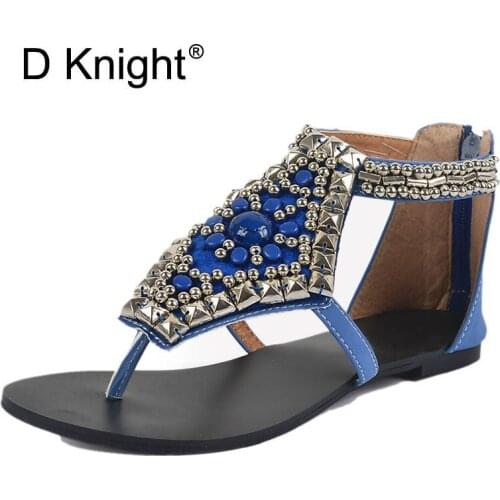 Ethnic Platform Gladiator Sandals Summer Bohemia Flip Flops 2018 String Beaded Shoes Woman Vinatge Rhinestone Slip On Flats E43