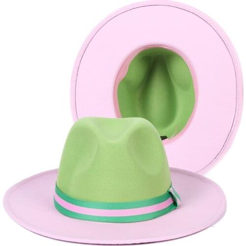 2021 New Pink And Green Matching Color Women Wide Brim Classics Panama Jazz Fedora Hats Wool Felt Fedora Caps For Ladies