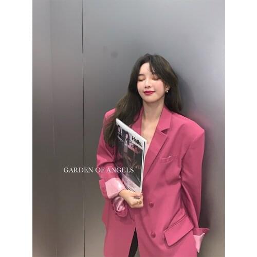2021 Fall Turn Down Collar Suit Jacket Mid-length Double-breasted Shopping Wear Casual Pink Grey Blazer jaqueta feminina