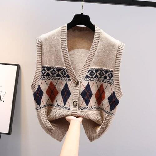 99118 Cardigan V-Neck Sweater Vest Women Vintage Plaid Korean Color Contrast Fashion Knitted Waistcoat Female Sleeveless Top New