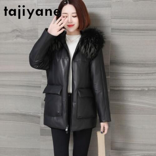 Tajiyane Real Leather Clothes for Women White Duck Down Coat Woman Natural Raccoon Fur Collar Hooded Parkas Femme Veste TN1322