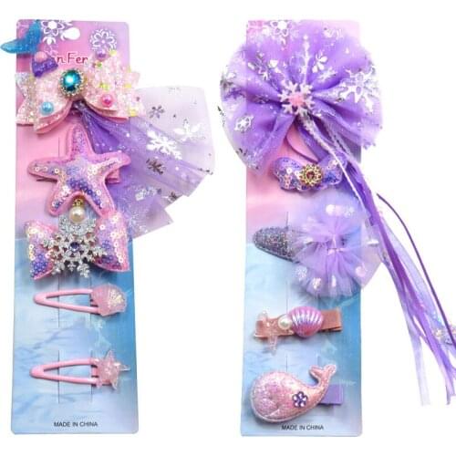 5PCS/SET Cute Fish Tail Elegant Baby Girls Clip Leather Bow Child Tie Knot Creativity Handmade Hairpins Hair Accessories For Kid