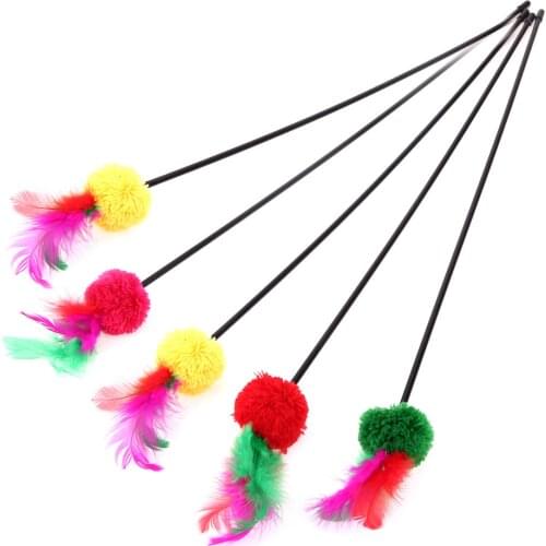 5Pcs Feather Cat Toys Colorful Cat Feather Funny Playing Catcher Teaser Wool Ball Toy for Cat Kitten Interactive Pet Supplies