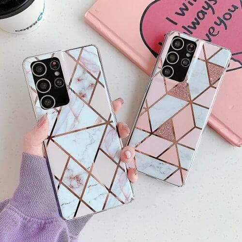 Plated Line Marble Phone Case For Samsung A51 A71 S21 S20 Ultra S20 FE A21S A50 Note 20 Soft IMD Geometric Splice Phone Cover