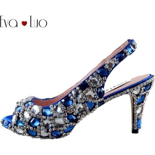 CHS998 Luxury Custom Handmade Crystal Royal Blue Silver Slingbacks Dress Pumps Bridal Wedding Shoes Women High Heels Shoes