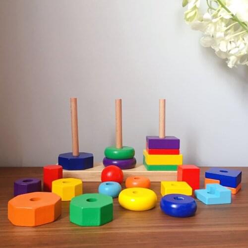 Baby wooden toys wooden building stacking ring blocks silica gel tooth rubber ring intellectual development toys puzzle block ga