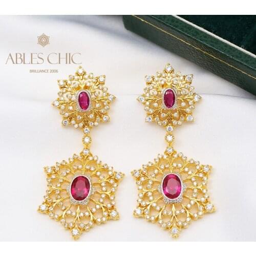 Elegent Vintage Snowflake Ruby Chandelier 925 Silver Earrings Sapphire Filigree Lace Drop Stud Earring Women Fine Jewelry